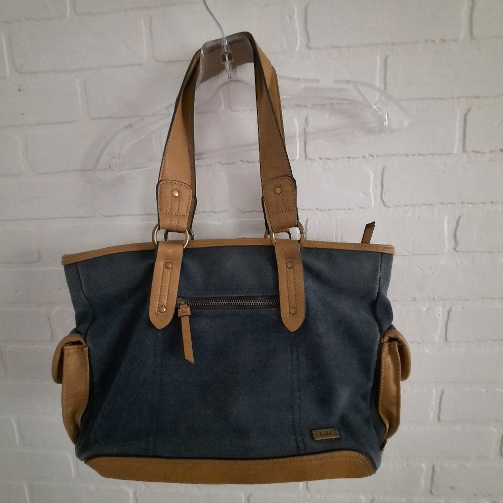 Bolo Denim Heavy Duty Canvas Faux Cross Grain Leather Satchel Hand Bag